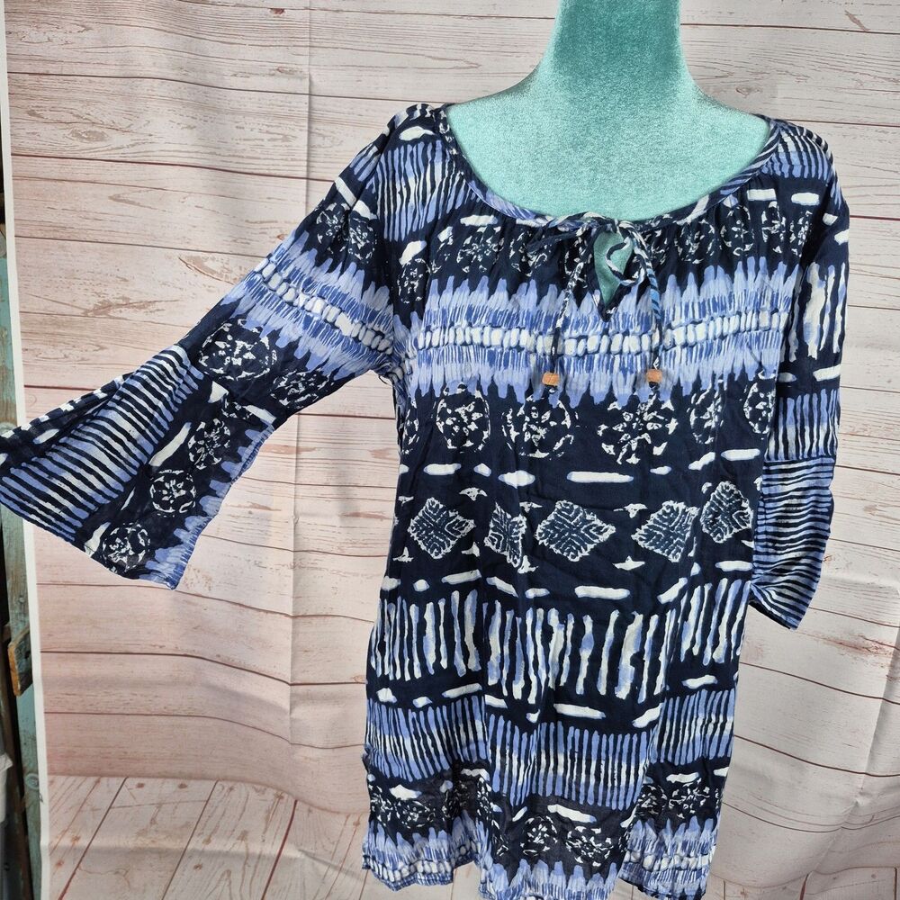 J.A. Sport Womens Blue Tunic Top Sz Large Boho Hippie Vintage Y2K Coastal Beach